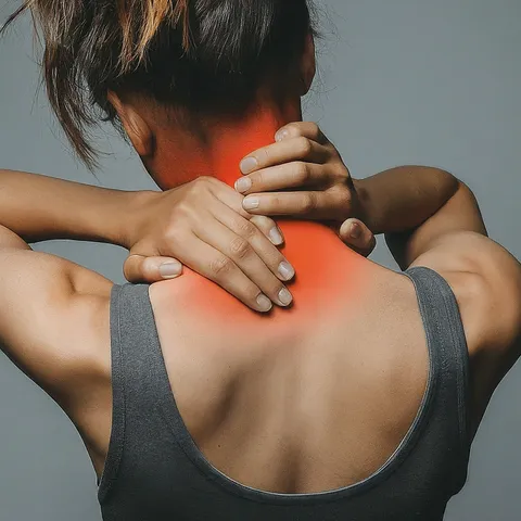 Person holding a sore neck, illustrating neck pain treatment
